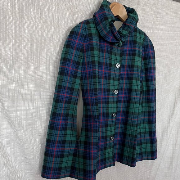 VINTAGE Hunter Green Tartan Plaid Wool Cape Cottage Core Preppy Cloak Coat P… - Picture 4 of 13